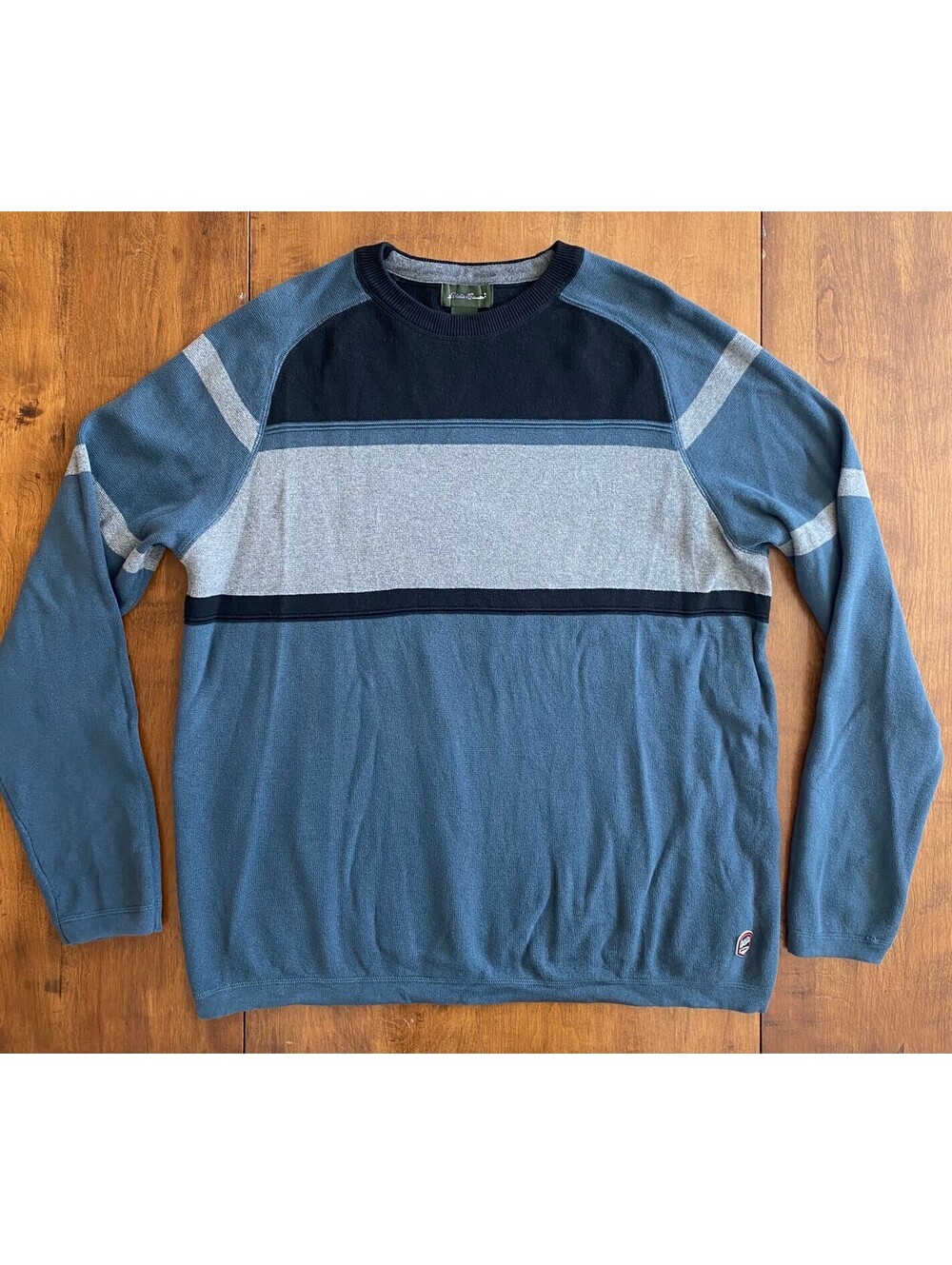 Mens VINTAGE EDDIE BAUER KNIT SKI SWEATER Pullover CREW NECK Blue and Gray LARGE